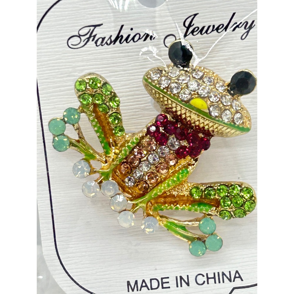 Multicolor Rhinestone Frog Brooch or Bag Charm Gold Tone Crystal Animal Pin‎ New